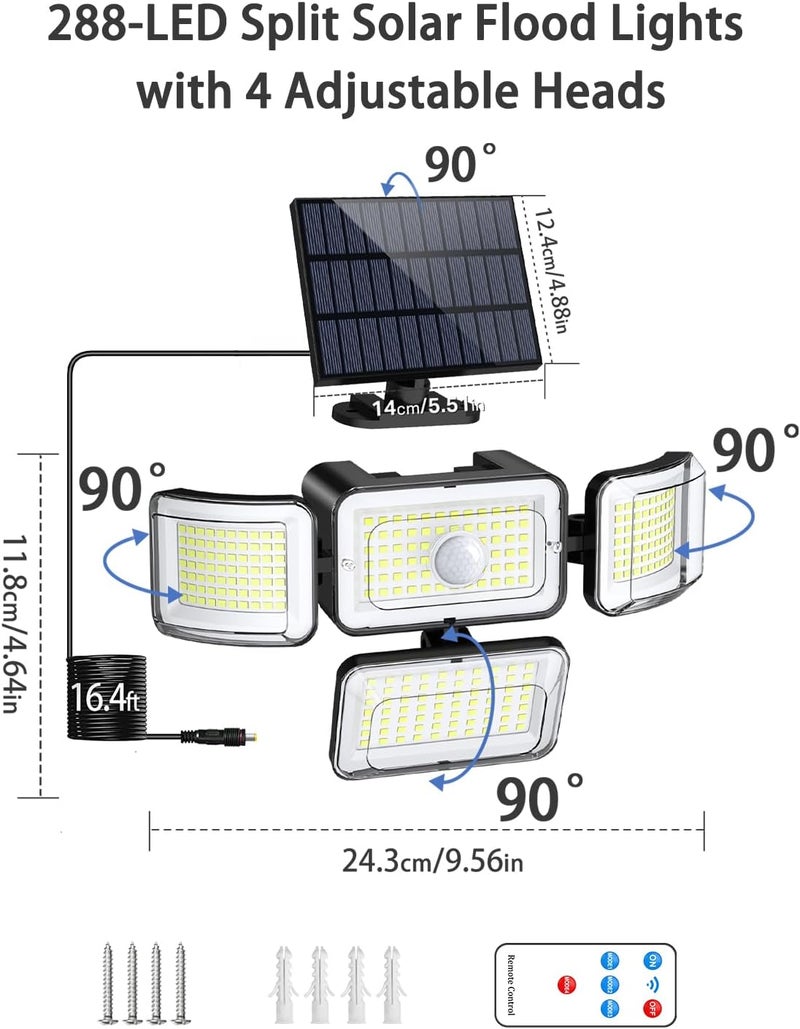 CLAONER Solar Outdoor Lights Motion Sensor 3500LM 288 LED Solar Security Lights with Remote Control IP67 Waterproof 4 Heads Solar Flood Lights with 16.4ft Cable 4 Modes Wall Lights(2 Pack) - Image 4